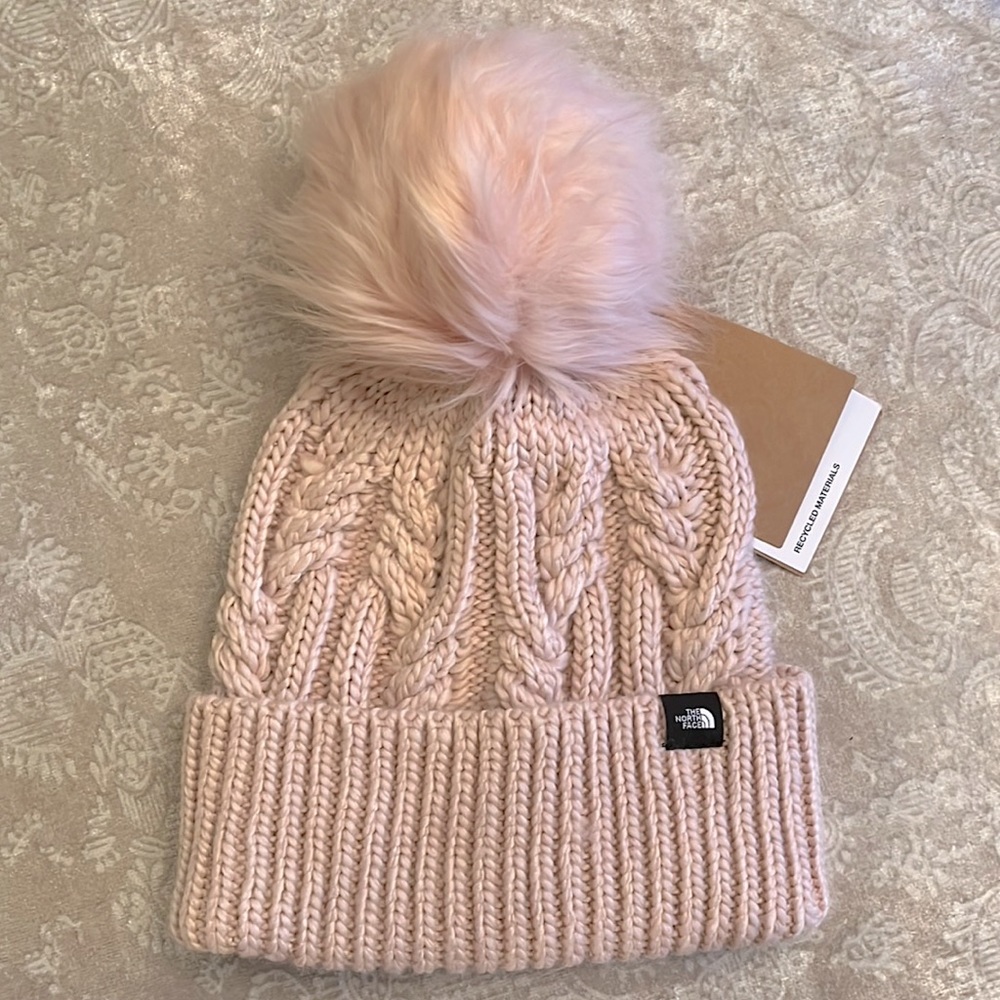 Brand New The North Face Kids Oh Mega Pom Beanie Cable Knit Pink Moss Winter Hat